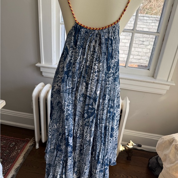 Free People Bohemian Blue Block Print Floral Tie-Shoulder Maxi Sun Dress S - Picture 10 of 12